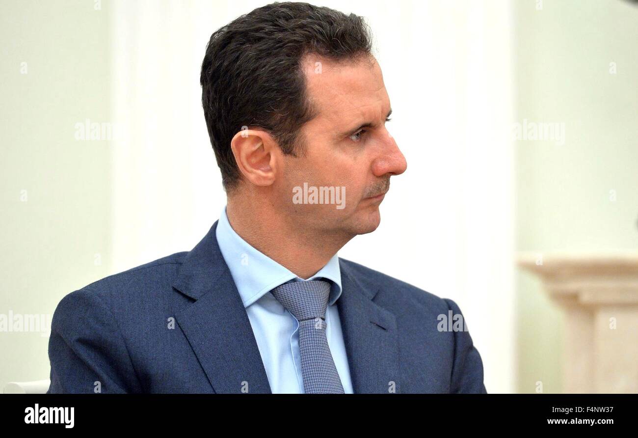 Moskau, Russland. 20. Oktober 2015. Syriens Präsident Bashar Assad bei seinem Treffen mit Präsident Vladimir Putin im Kreml 20. Oktober 2015 in Moskau, Russland. Assad wurde in Moskau auf seiner ersten Reise ins Ausland seit Ausbruch des Krieges in Syrien. Stockfoto