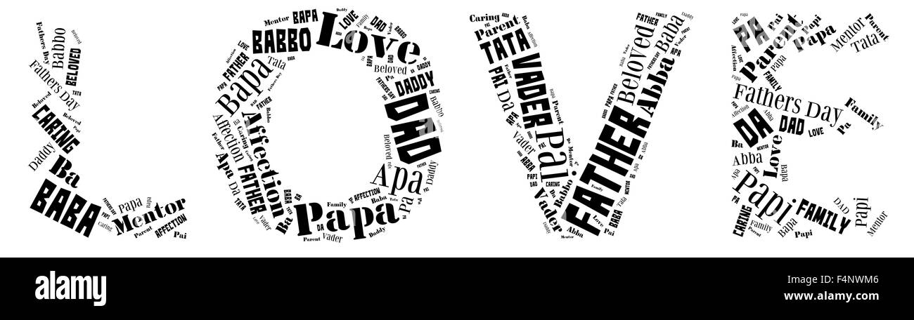 Wortwolke zum Vatertag, die den Wort Vater in verschiedenen Sprachen in Buchstaben enthält, die Liebe buchstabieren Stockfoto