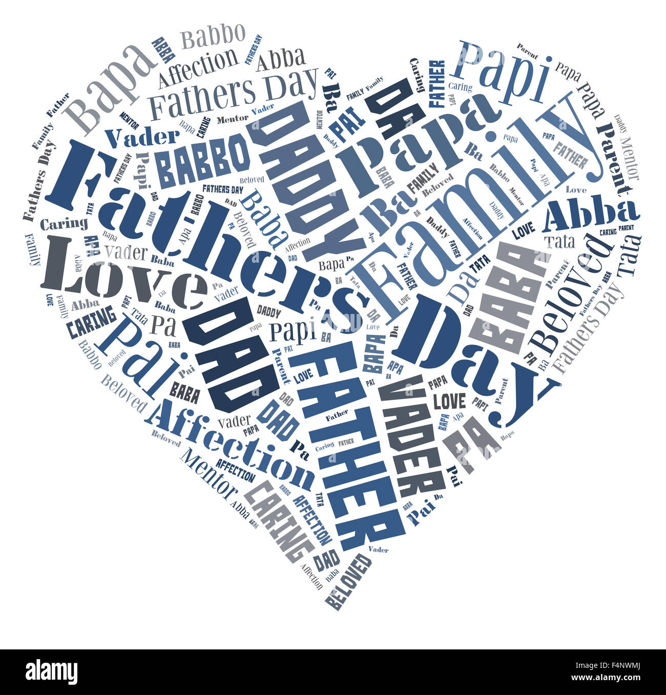 Wortwolke zum Vatertag, die den Wort Vater in verschiedenen Sprachen in der Form eines Herzens enthält Stockfoto
