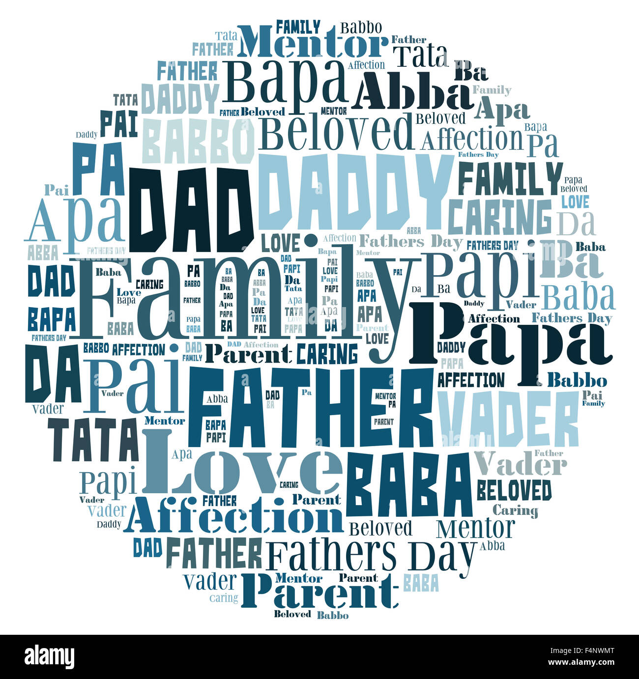 Wortwolke zum Vatertag, die den Wort Vater in verschiedenen Sprachen in Buchstaben in einer Form enthält, die die Welt darstellt Stockfoto