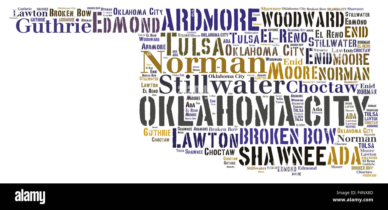 Wort-Wolke in Form von Oklahoma zeigt einige der Städte im Zustand Stockfoto