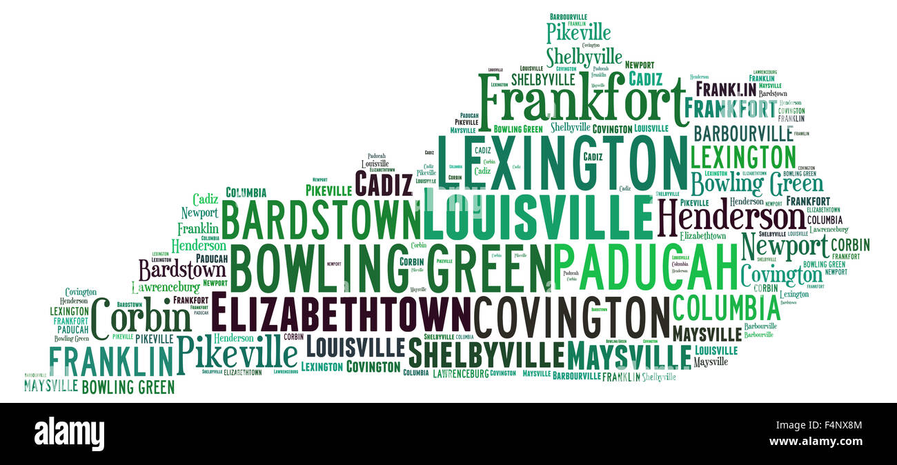 Wort-Wolke in Form von Kentucky zeigt einige der Städte im Zustand Stockfoto