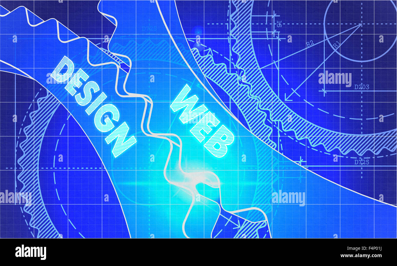 Web-Design-Konzept. Bauplan Hintergrund mit Zahnrädern. Industrie-Design. 3D Illustration, Lens Flare. Stockfoto