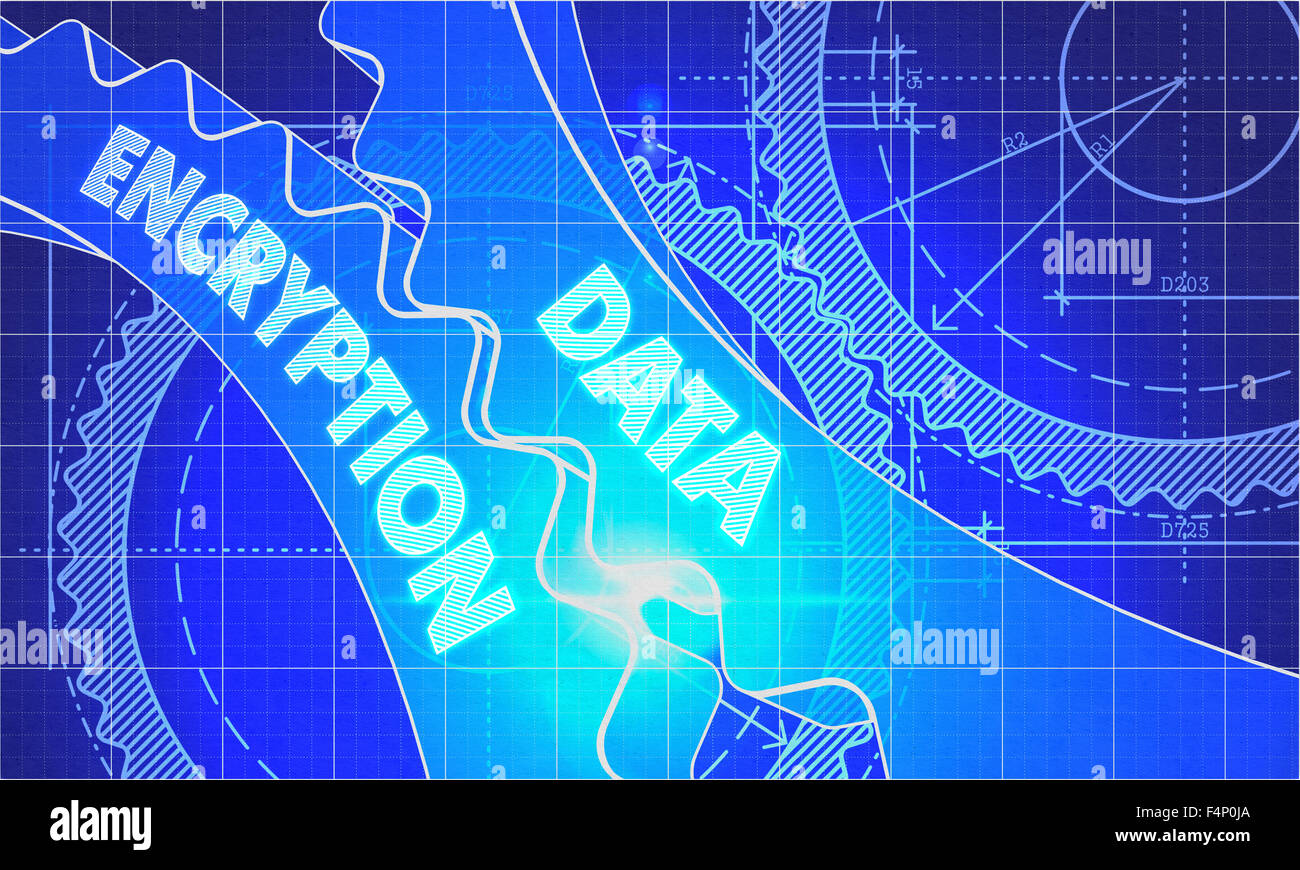 Daten-Verschlüsselung-Konzept. Bauplan Hintergrund mit Zahnrädern. Industrie-Design. 3D Illustration, Lens Flare. Stockfoto