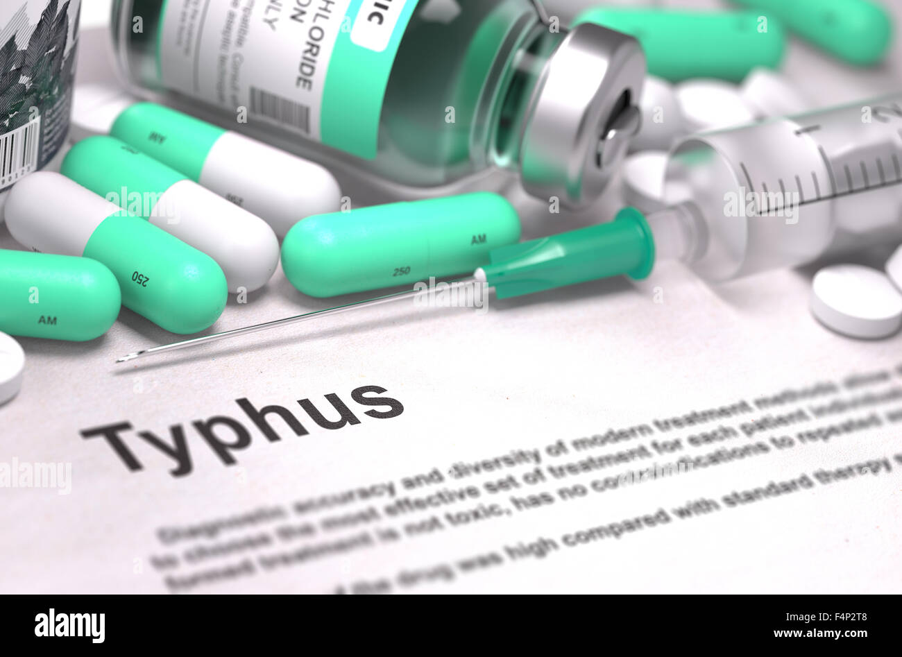 Diagnose - Typhus. Medizinisches Konzept mit leichten grünen Pillen, Spritzen und Spritze. Selektiven Fokus. Der Hintergrund jedoch unscharf. Stockfoto