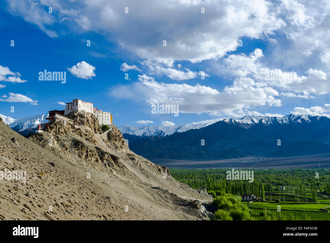 Thiksey Gompa auf einem Hügel über dem Indus Tal befindet, die schneebedeckten Berge in der Ferne Stockfoto