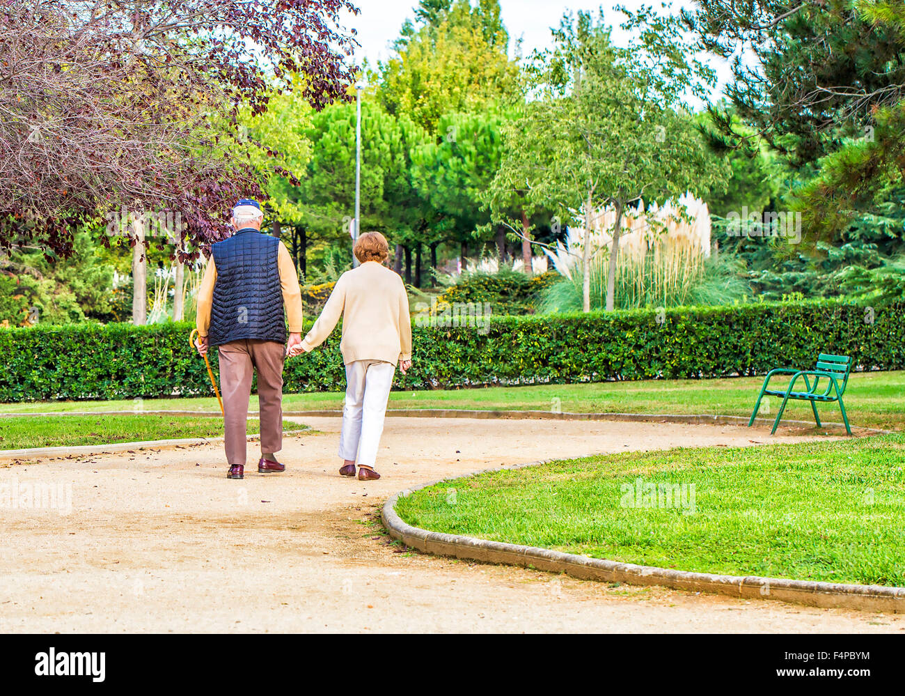 Ältere Menschen im Park spazieren. Stockfoto