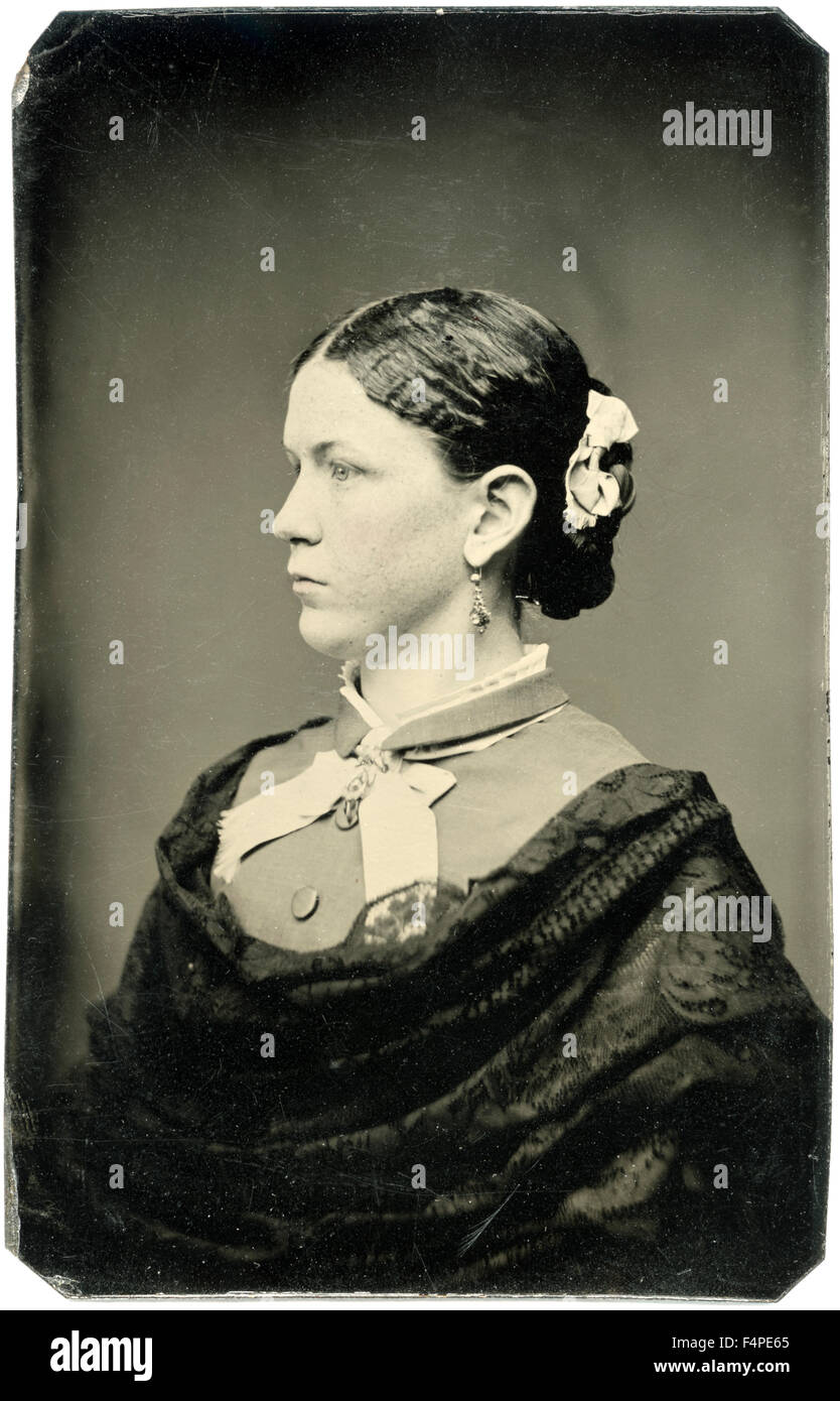 Profilbildnis der erwachsenen Frau, Ferrotypie, um 1870 Stockfoto