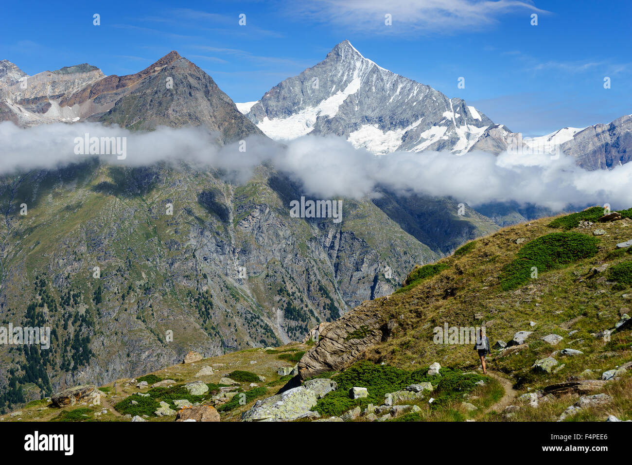 Ein Wanderer führt den Weg unter Wolken über die Gipfel des Matterhorns im Sommer. Juli 2015. Matterhorn, Schweiz. Stockfoto