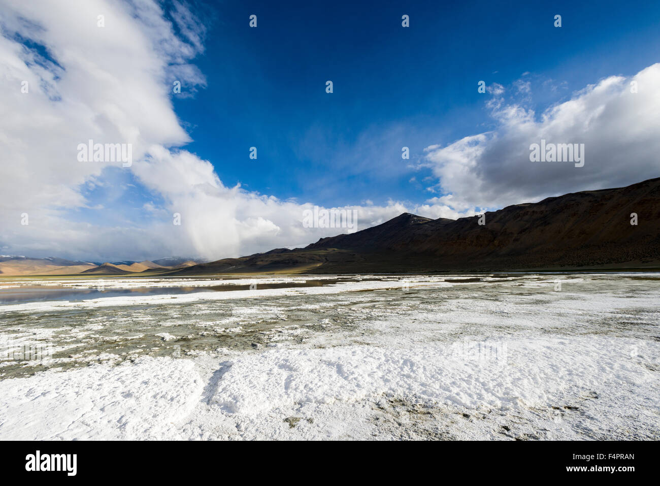 Schichten von Salz, karge Landschaft, blauen Himmel und dunklen Wolken bei Tso kar, eine schwankende Salt See, gelegen auf einer Höhe von 4.530 Stockfoto