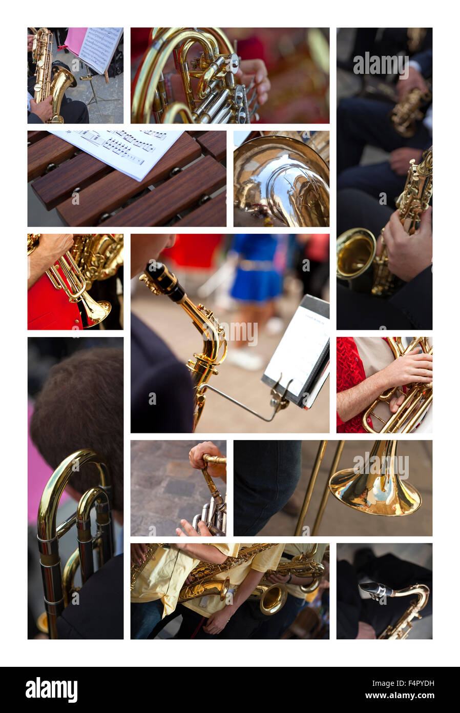 Verschiedene Musikinstrumente Wind auf einer collage Stockfoto
