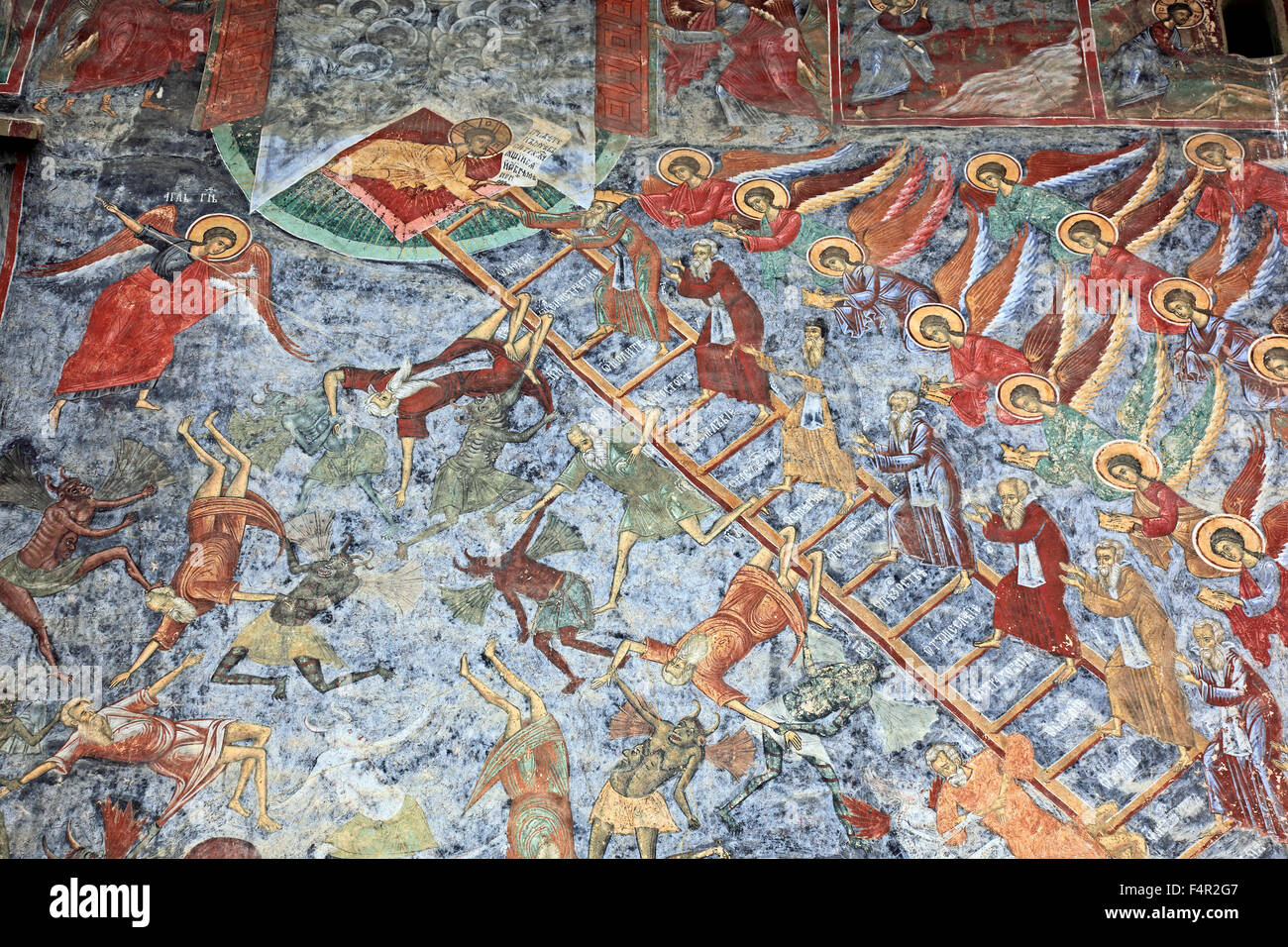 "Fresko"Stairway to Heaven", Kloster Sucevita ist ein östliches orthodoxes Kloster befindet sich im nordöstlichen Teil von Rumänien. Stockfoto