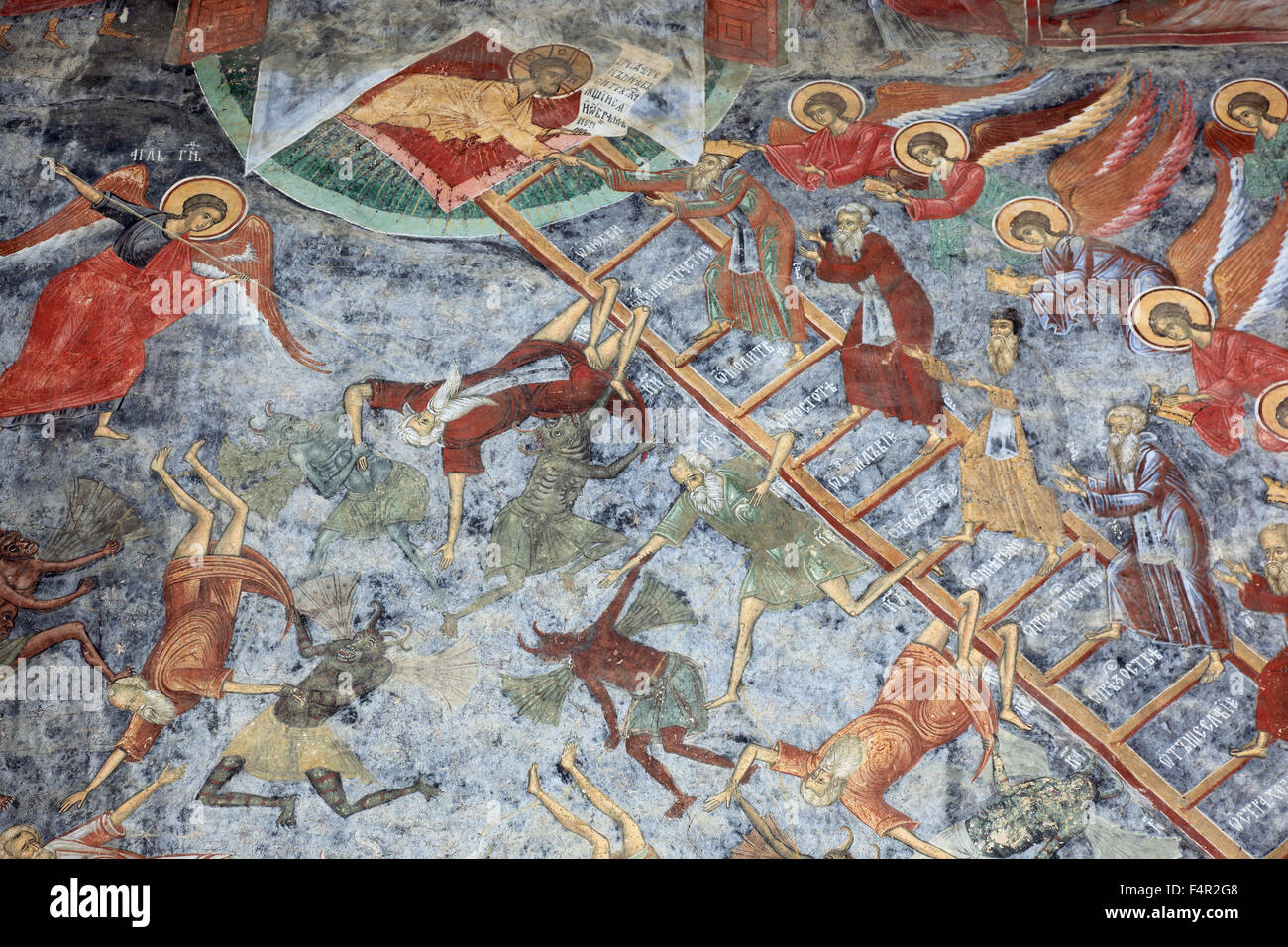 "Fresko"Stairway to Heaven", Kloster Sucevita ist ein östliches orthodoxes Kloster befindet sich im nordöstlichen Teil von Rumänien. Stockfoto