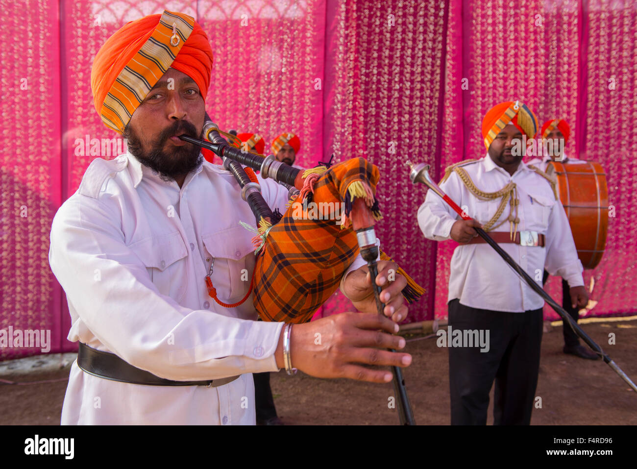 Asien, Indien, Punjab, Amritsar, Zeremonie, rational, Tradition, Band, Musiker, Turban, Männer, Indian, Piper, Sikh Stockfoto