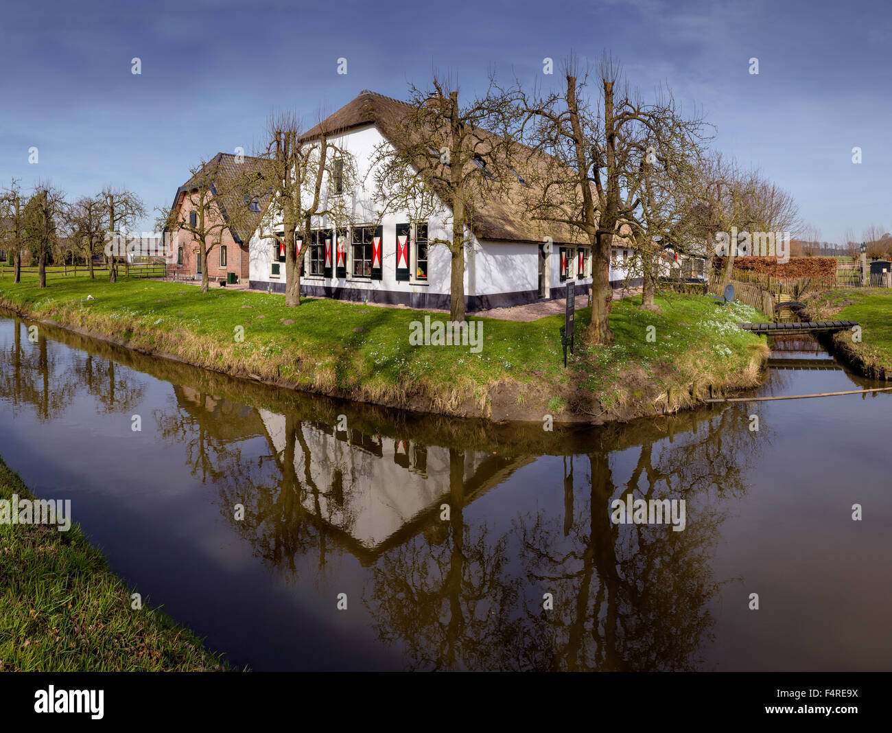 Niederlande, Holland, Europa, Bauernhof, Wasser, Winter, Reflexion, Bauernhaus, Kanal, Langbroek, Utrecht Stockfoto