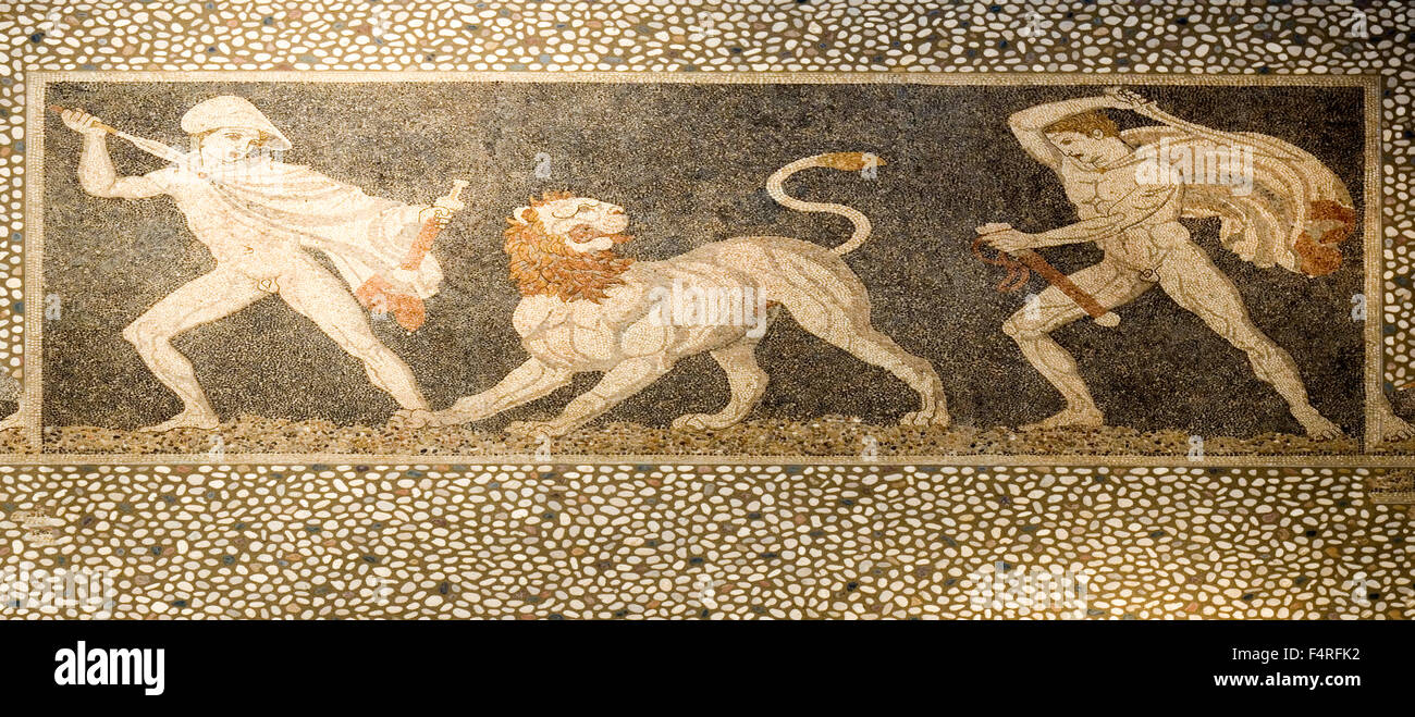 Antike griechische Jagd Szene Mosaik aus Thessalien, Griechenland Stockfoto