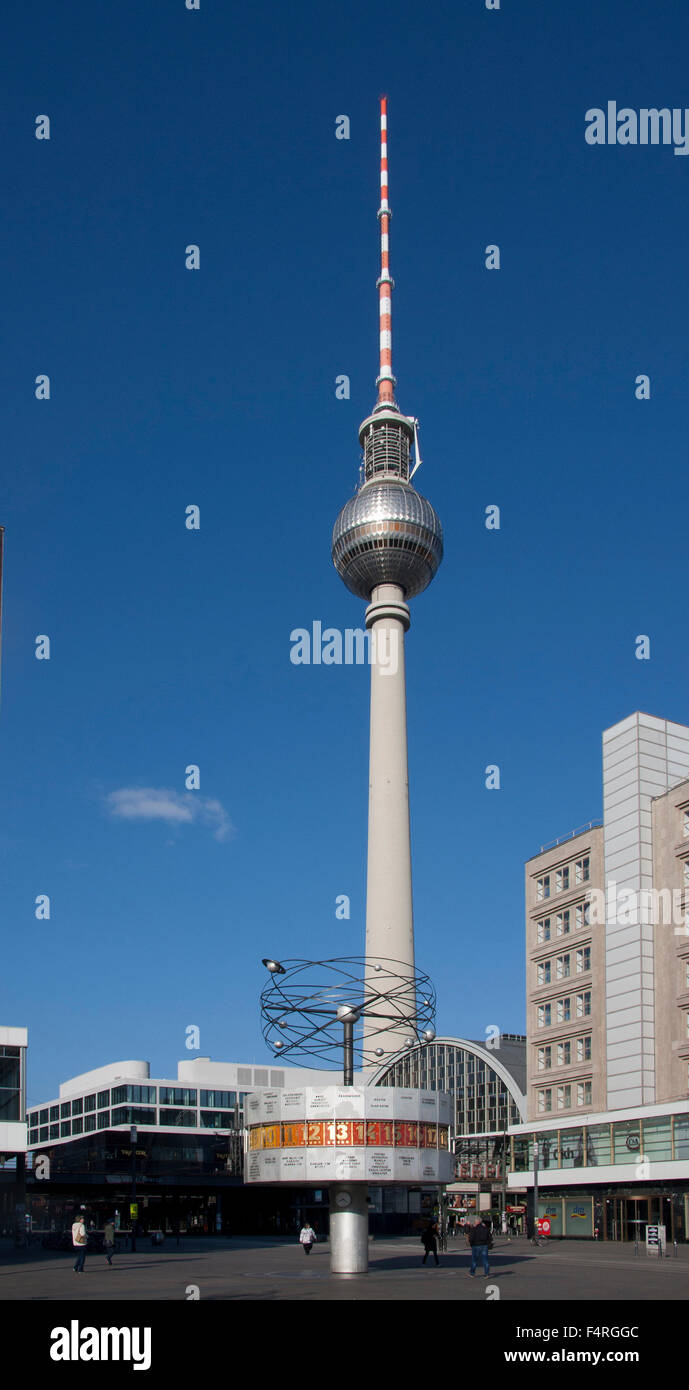 Berlin, Deutschland, Europa, Alexander Platz, Fernsehturm, Fernsehturm, Weltzeituhr, Urania, Uhr, Planeten, Stockfoto