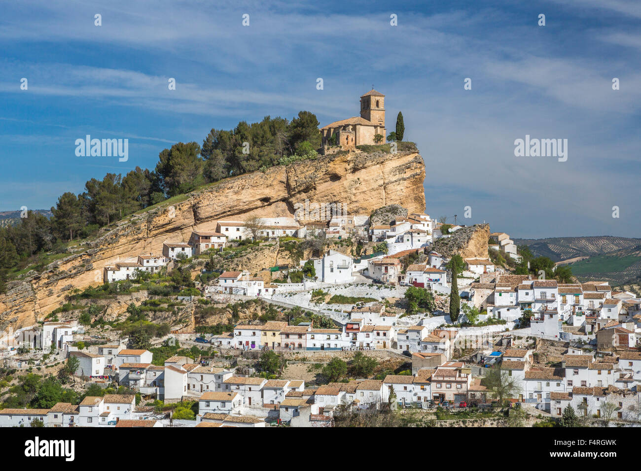 Andalusien, Granada, Landschaft, Montefrio, Town, Spanien, Europa, Frühling, Architektur, Burg, Klippe, bunte, dramatische, morgen Stockfoto