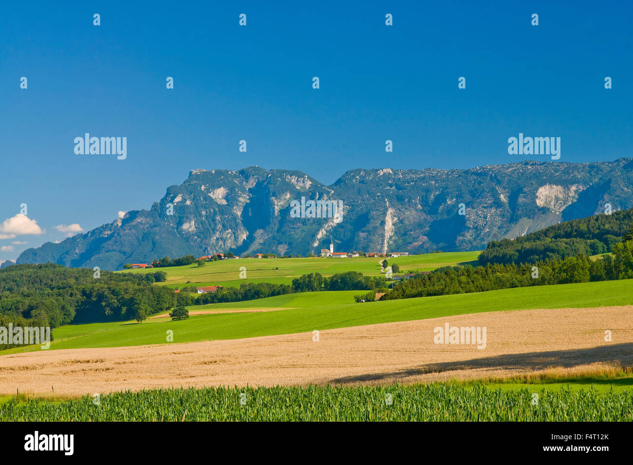 sommerliches Panorama vom Ulrichshögl auf den Untersberg in den Rupertiwinkel Stockfoto