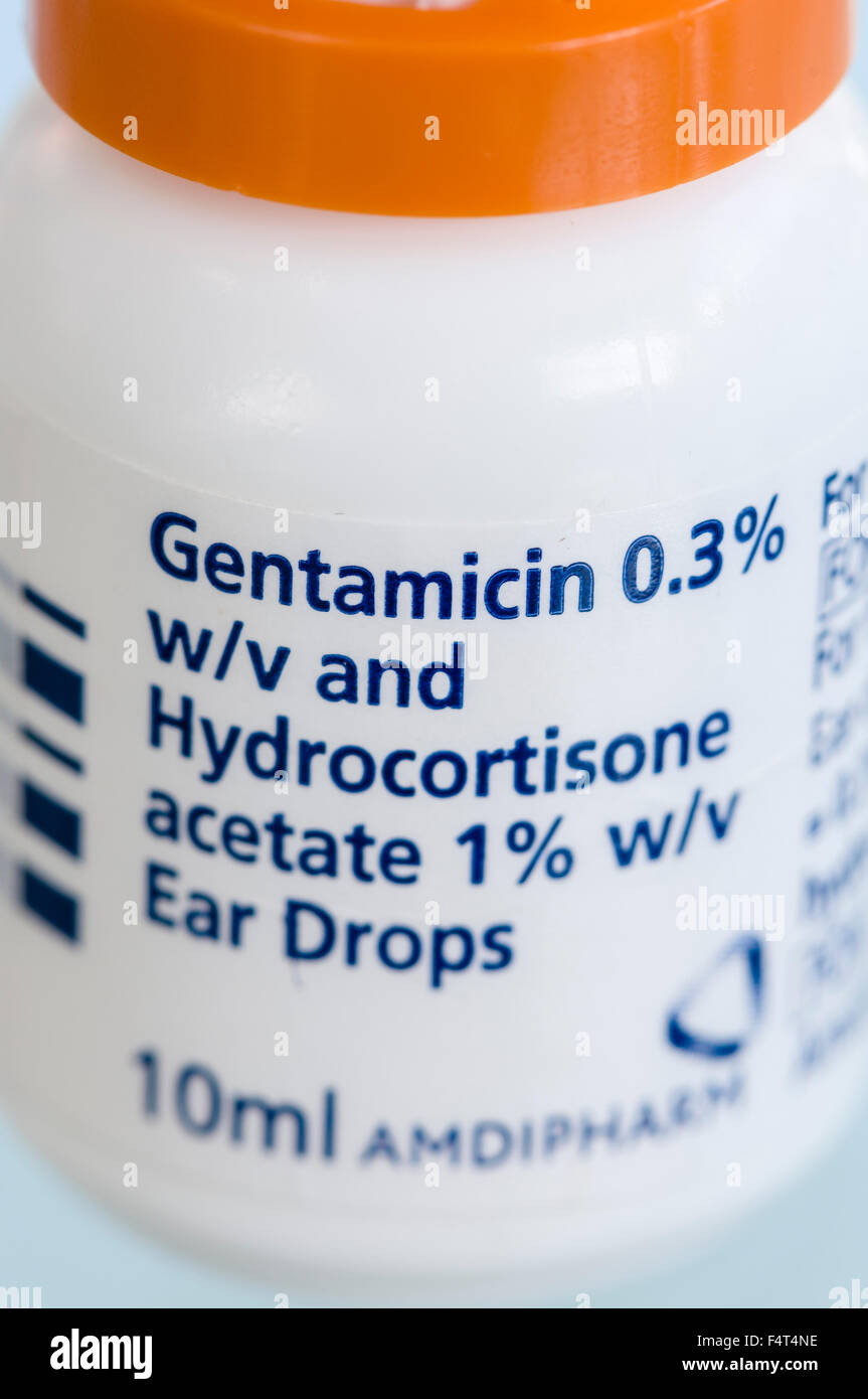 Gentamicin und Hydrocortison Acetat Ohrentropfen für gereizte und infizierten Ohren. Stockfoto