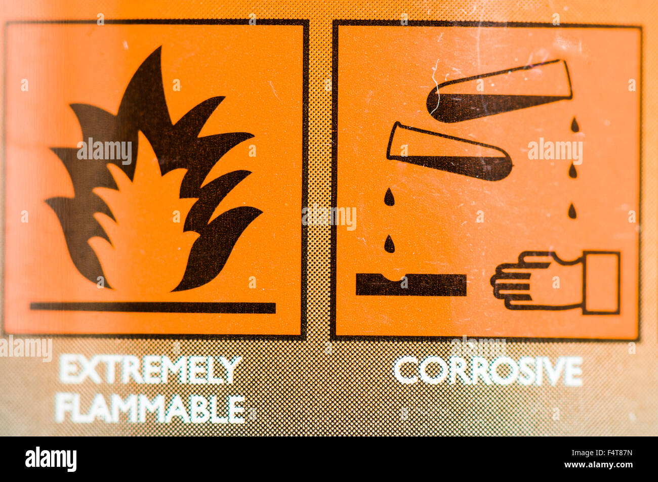 Extrem brennbaren und korrosiven Warnschilder auf ein Reinigungsmittel Stockfoto