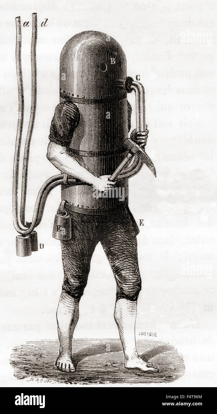 Die Tauchen Maschine von Karl Heinrich Klingert, 1797. Diese bestand aus einer Jacke und Hose aus wasserdichtem Leder, ein Helm mit einem Bullauge und einem Metall-Front. Es war ein Turm mit einer Luftbehälter verbunden, nicht selbst, so der Anzug eine begrenzte Tauchzeit hatte ergänzen könnte. Stockfoto