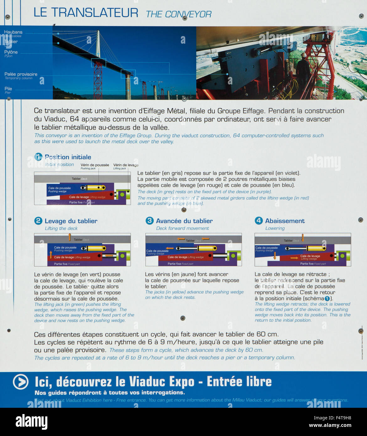 Millau (Cantal, Frankreich) Rastplatz: Informative Zeichen von Eiffage über dem Viadukt Stockfoto
