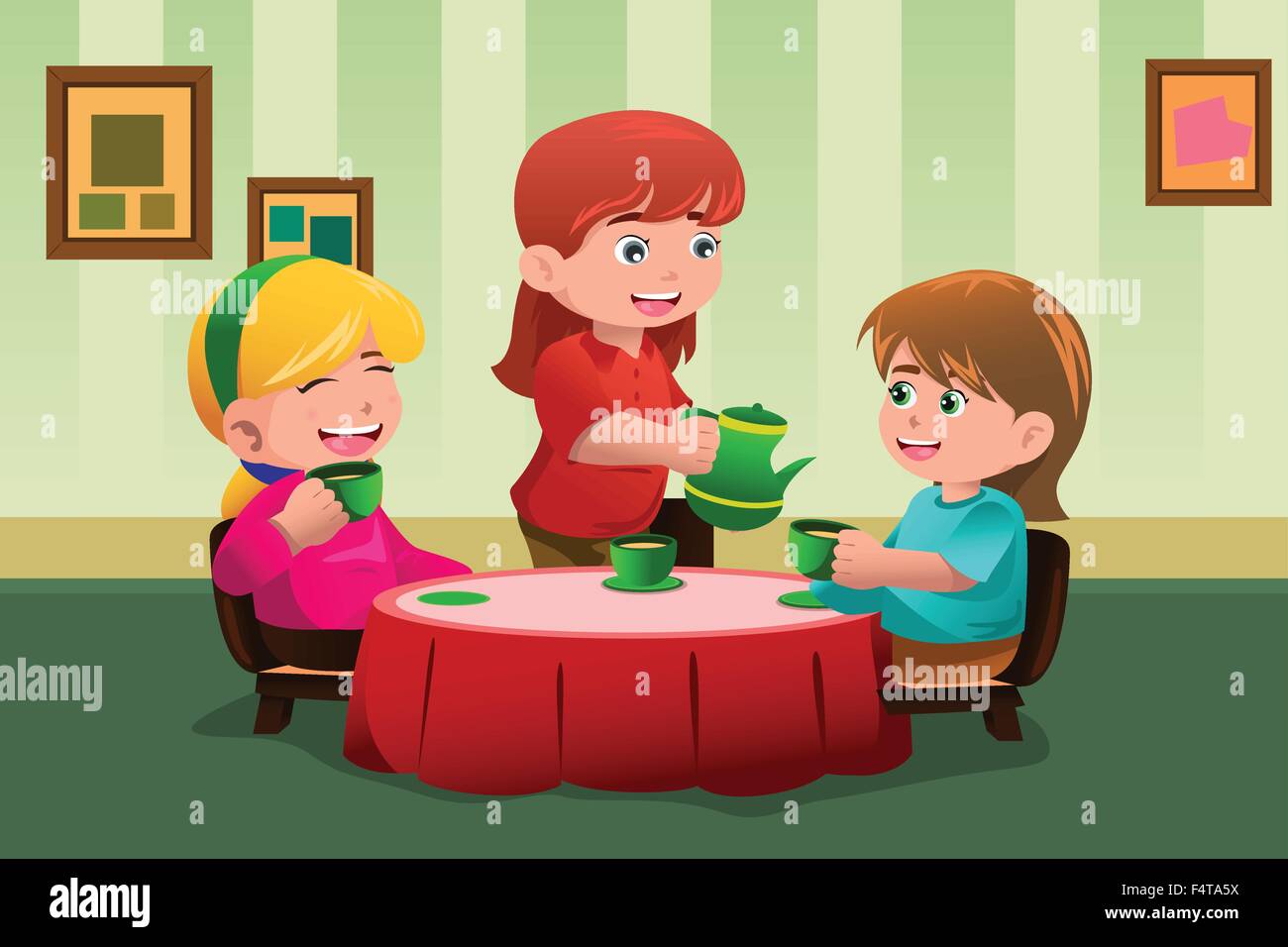 Eine Vektor-Illustration von niedlichen Mädchen mit einer Tee-Party zusammen Stock Vektor