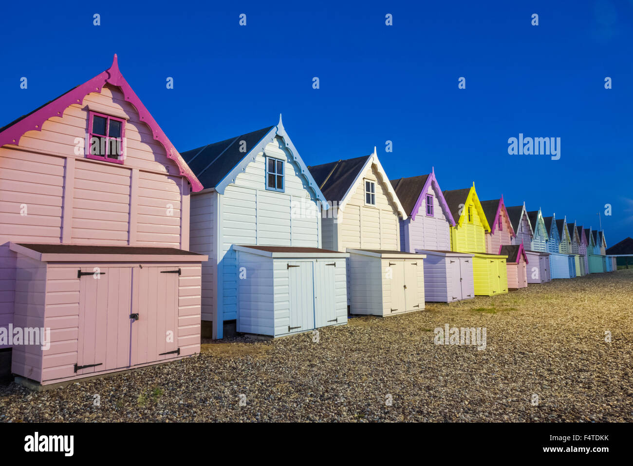 England, Essex, Mersea Island Beach Huts Stockfoto