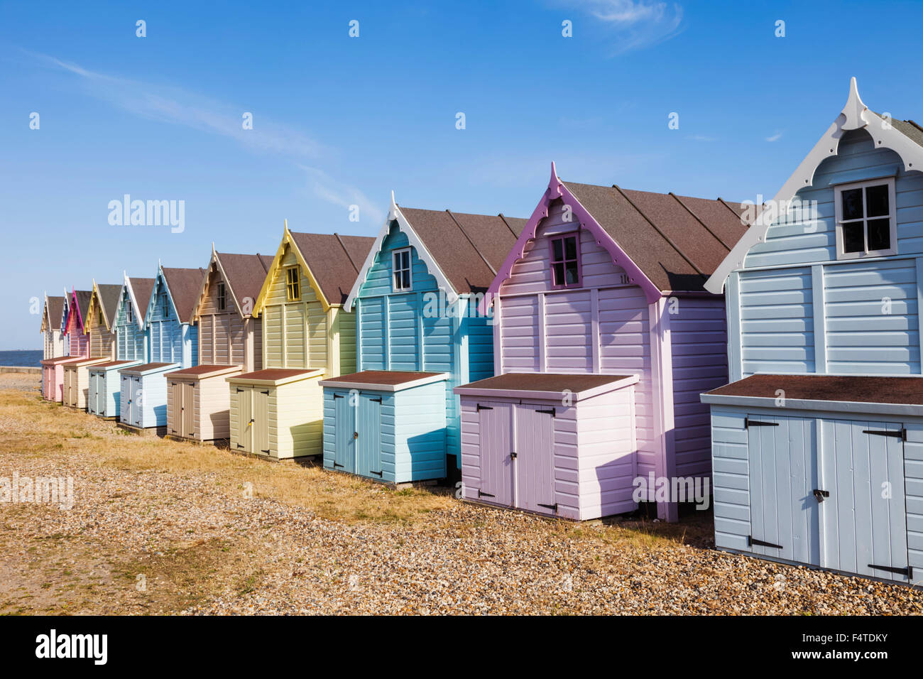 England, Essex, Mersea Island Beach Huts Stockfoto