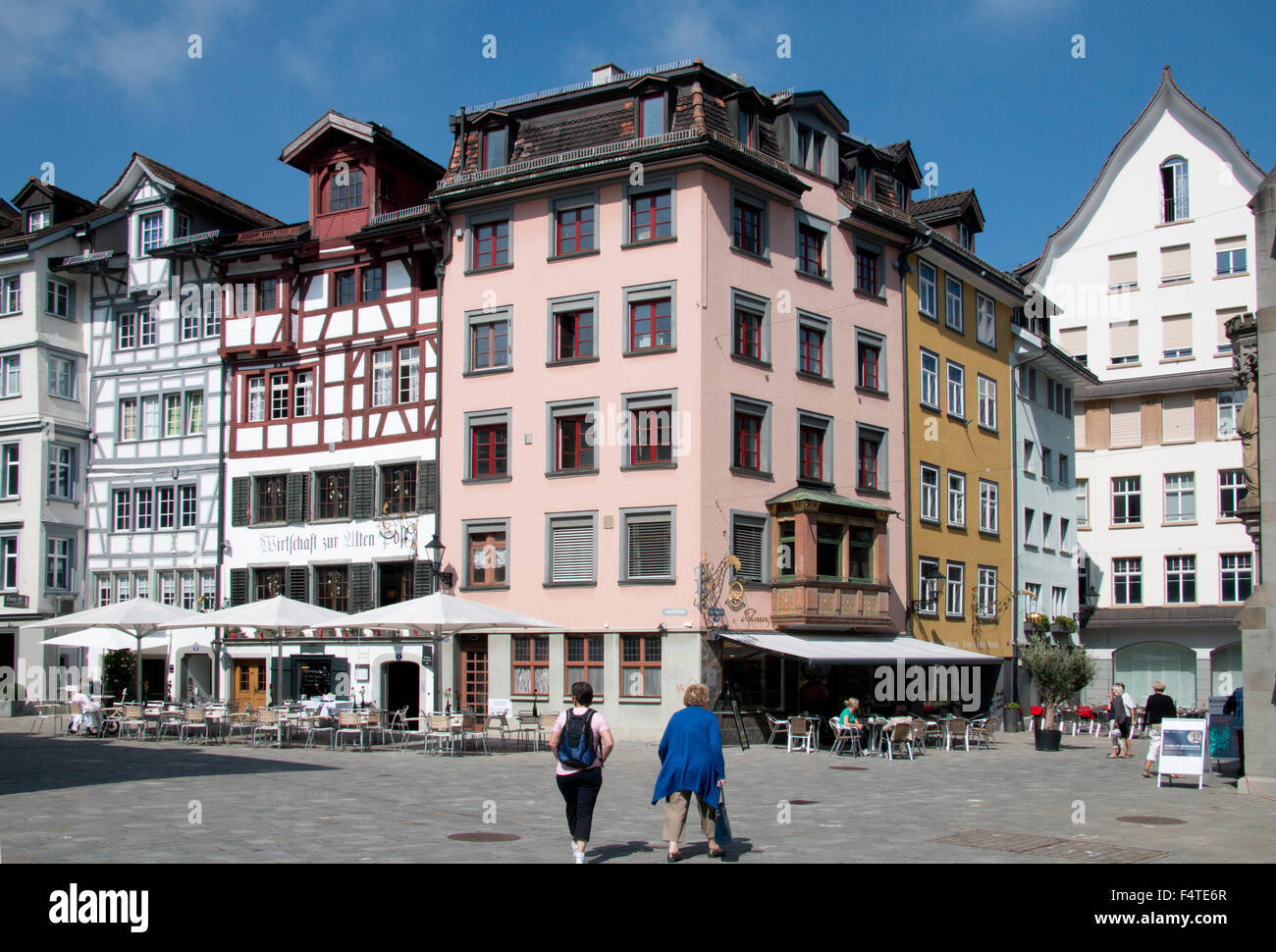 Schweiz, Europa, St. Gallen, Stadt, Stadt, Altstadt, Häuser, Wohnungen, Lane, Erker, Fassaden, Markt Lane Stockfoto