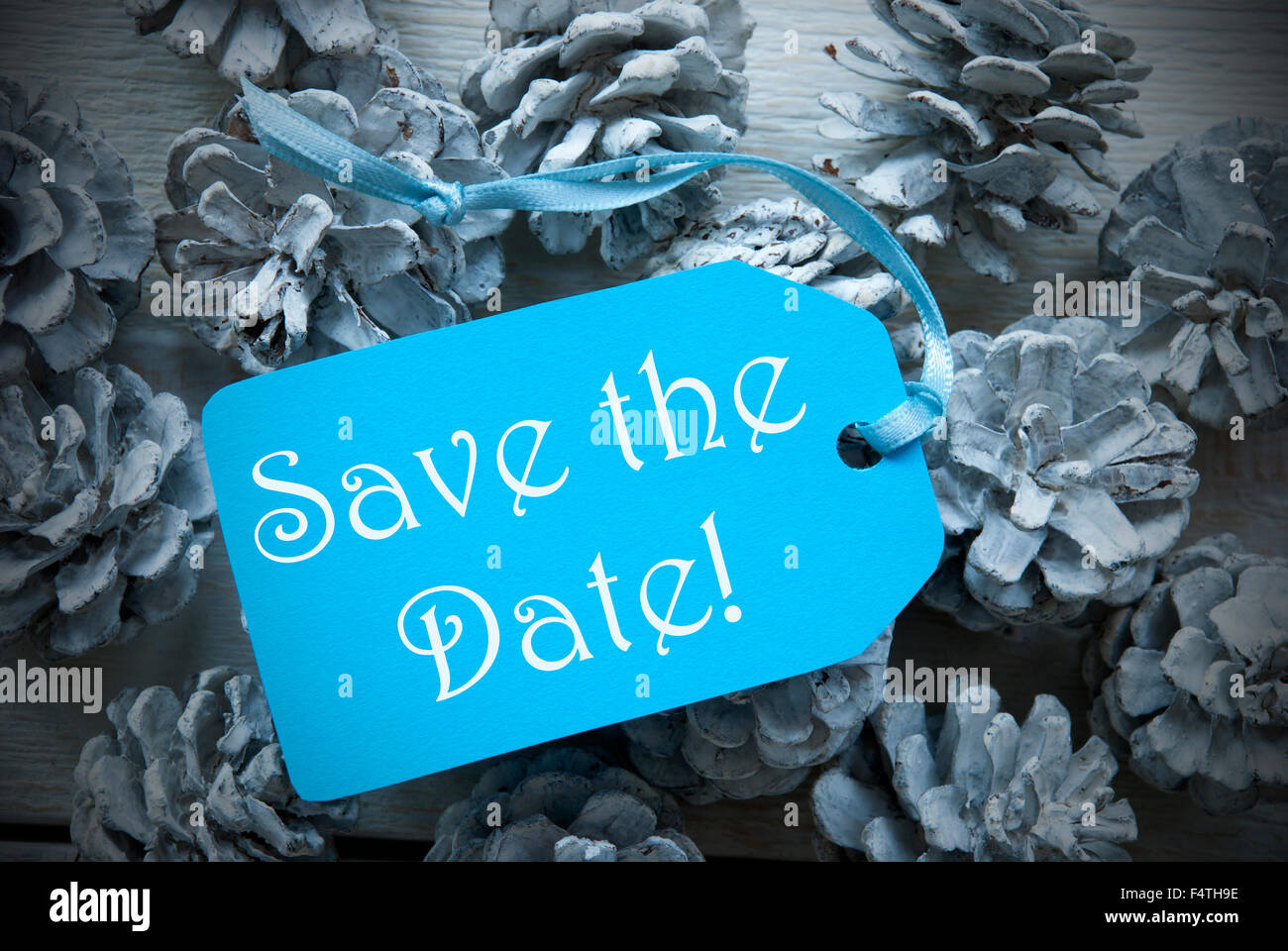 Light Blue Label auf Tannenzapfen mit Save The Date Stockfoto