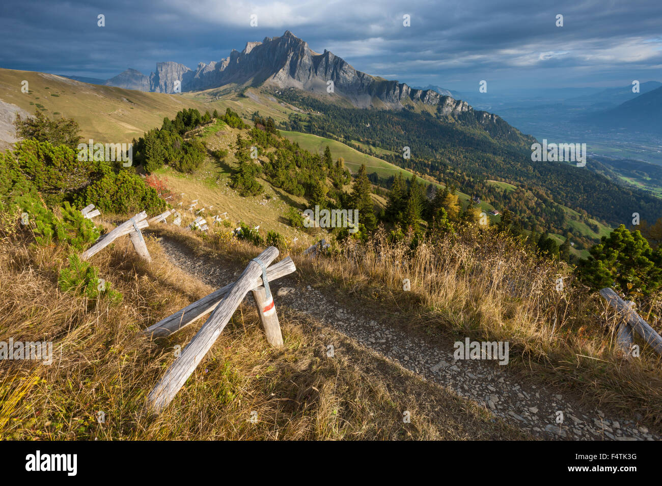 Ansicht, Vista, Gonzen, Schweiz, Kanton St. Gallen, Rheintal, Berg Holz, Herbst, Wanderweg, LVS-Schutz Stockfoto