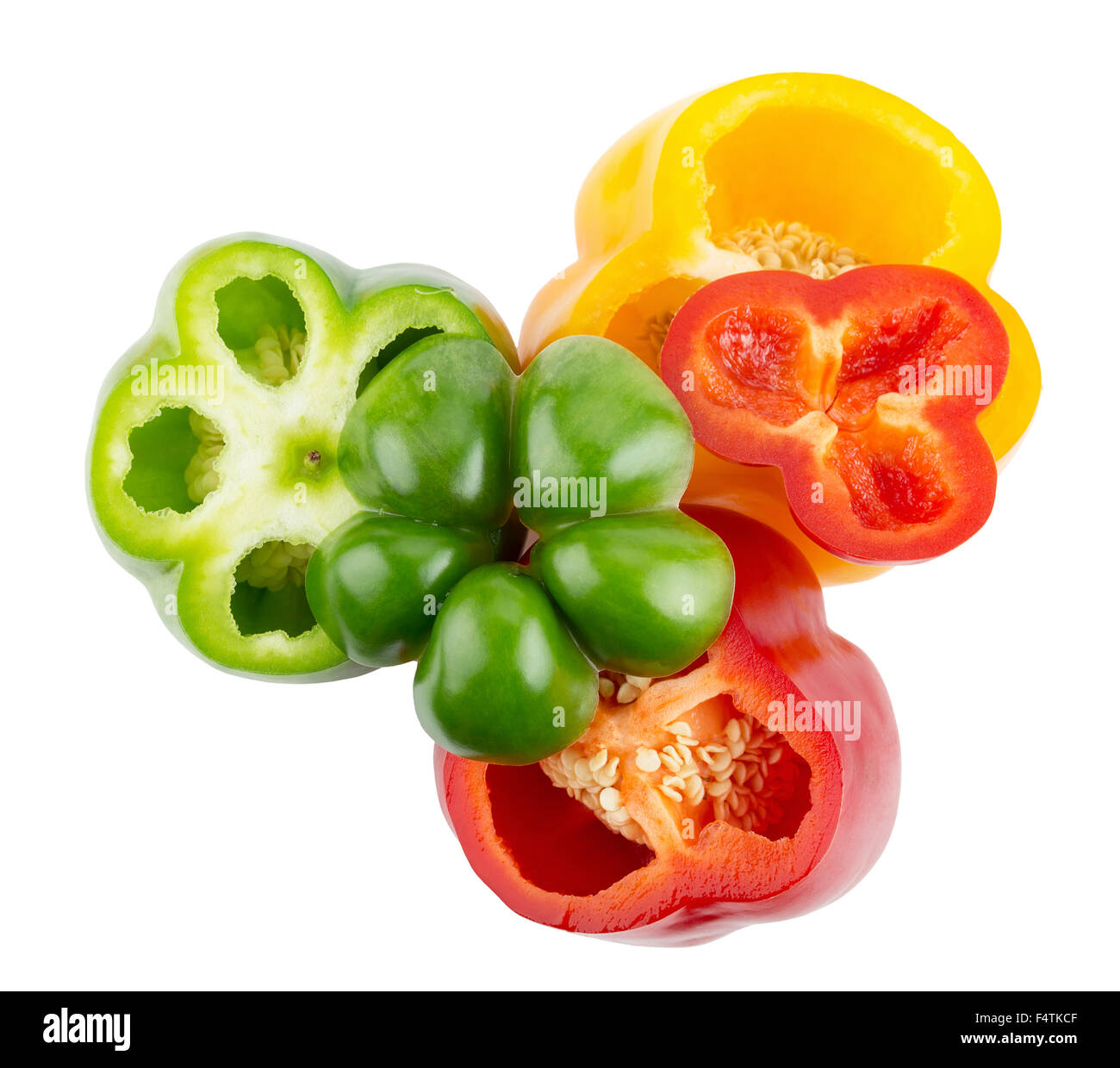 rote, grüne und gelbe Paprika auf dem weißen Hintergrund isoliert. Stockfoto