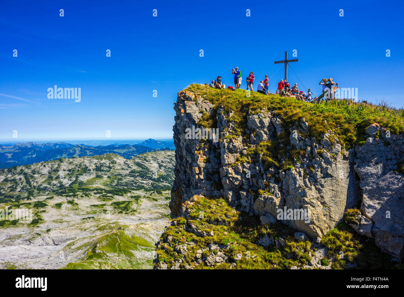 Allgäuer Alpen, Aussicht, Aussichtspunkt, Bayern, Berglandschaft, Bergsteiger, Berg Wanderer, Deutschland, Europa, Gipfel, Höhepunkt, Summi Stockfoto