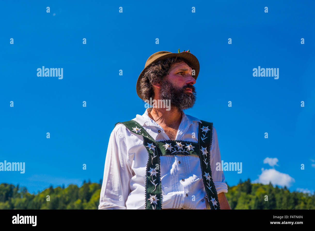 Allgäu, Allgäuer Tracht, Hut, Almabtrieb, Alp Schäfer, Bart, Bayern, Berg Bauer, Deutschland, lokale, Europa, Fel Stockfoto