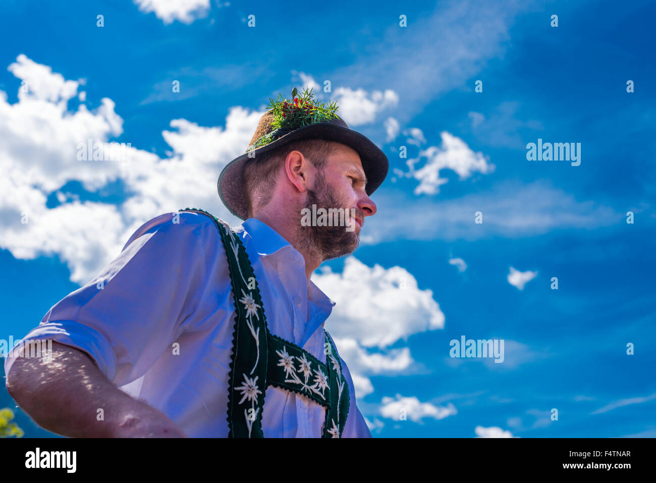 Allgäu, Allgäuer Tracht, Hut, Almabtrieb, Alp Schäfer, Bart, Bayern, Berg Bauer, Deutschland, lokale, Europa, Fel Stockfoto