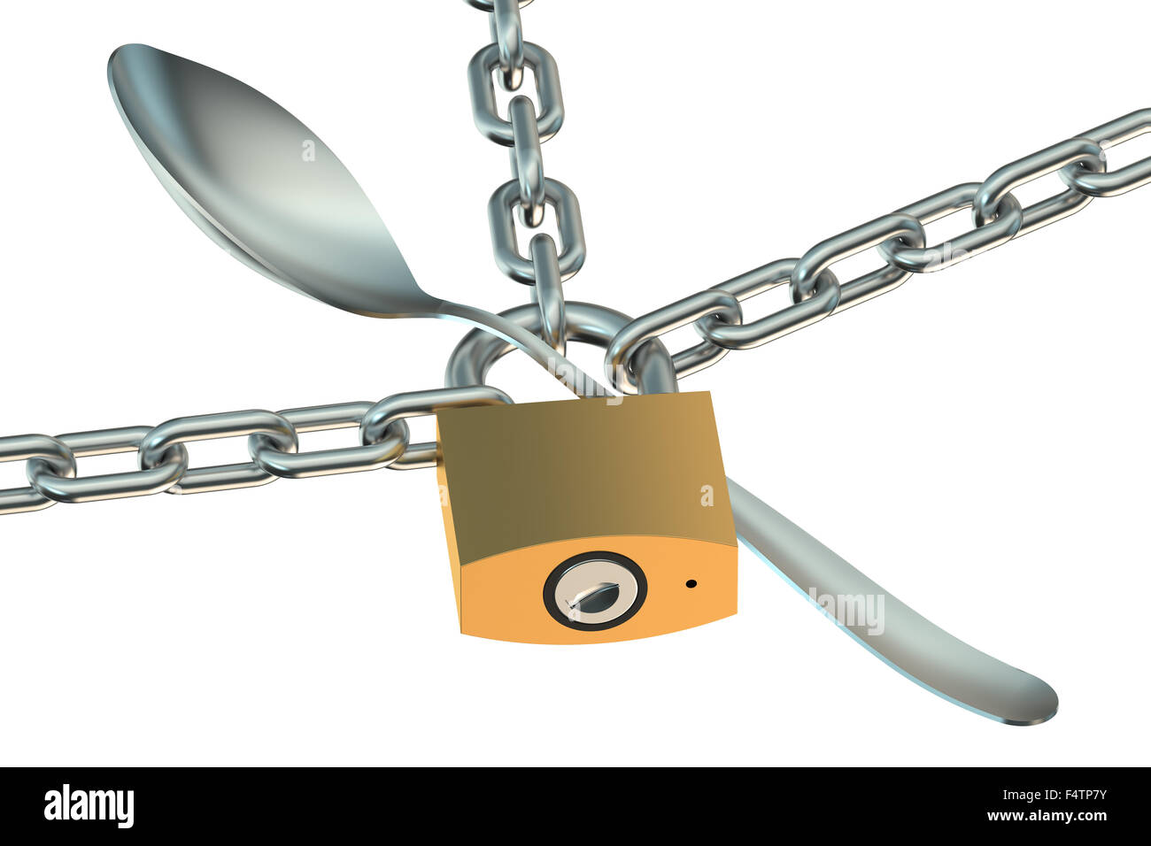 Diät-Konzept mit Löffel und Vorhängeschloss isoliert auf weißem Hintergrund Stockfoto