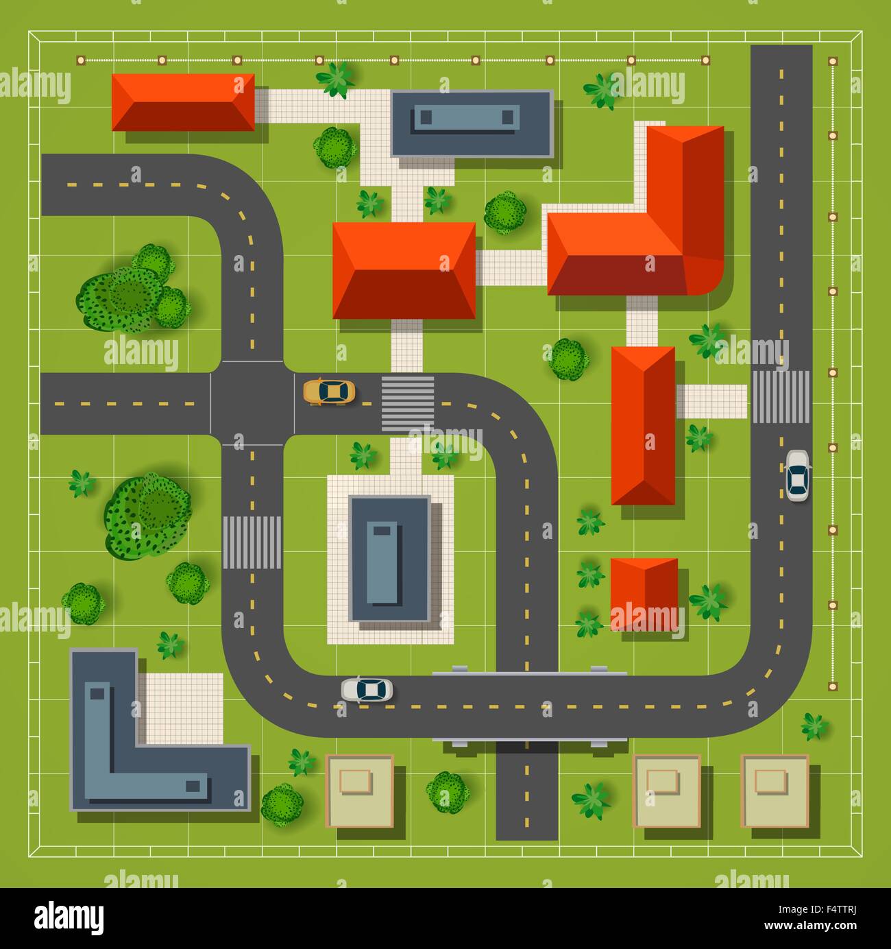 Karte von eine Draufsicht aus die Dächer, Straßen, Bäume und Autobahnen Stock Vektor