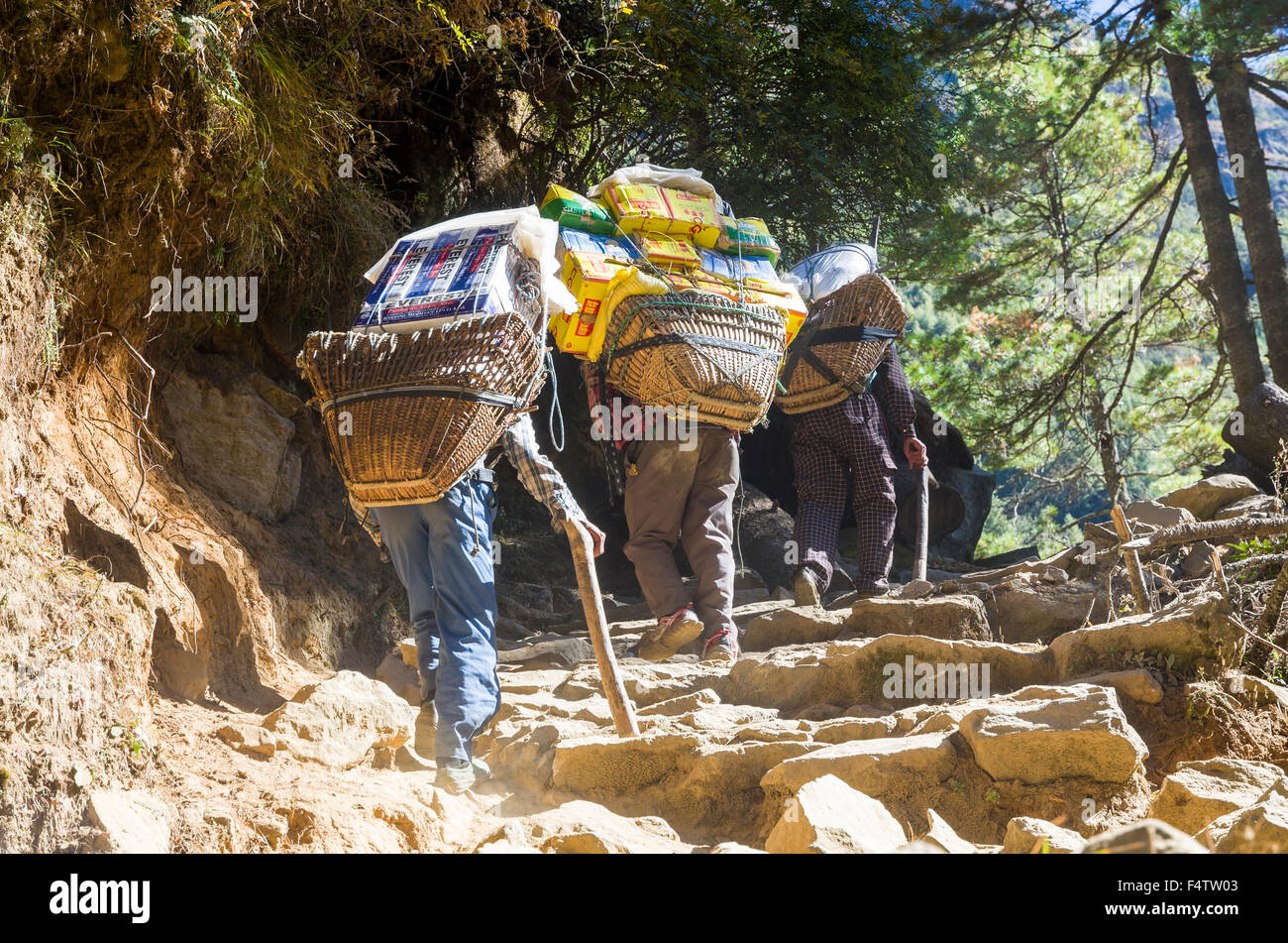 Träger tragen schwer beladen eine aufsteigende Spur über Namche Bazar (3,440 m), der Ausgangspunkt für trekking und Bergsteigen in Solo Stockfoto