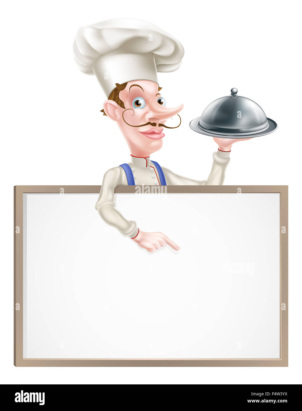 Eine Abbildung eines Cartoon-Chef hält eine silberne Cloche oder Kuppel und deutete auf ein Schild Stockfoto