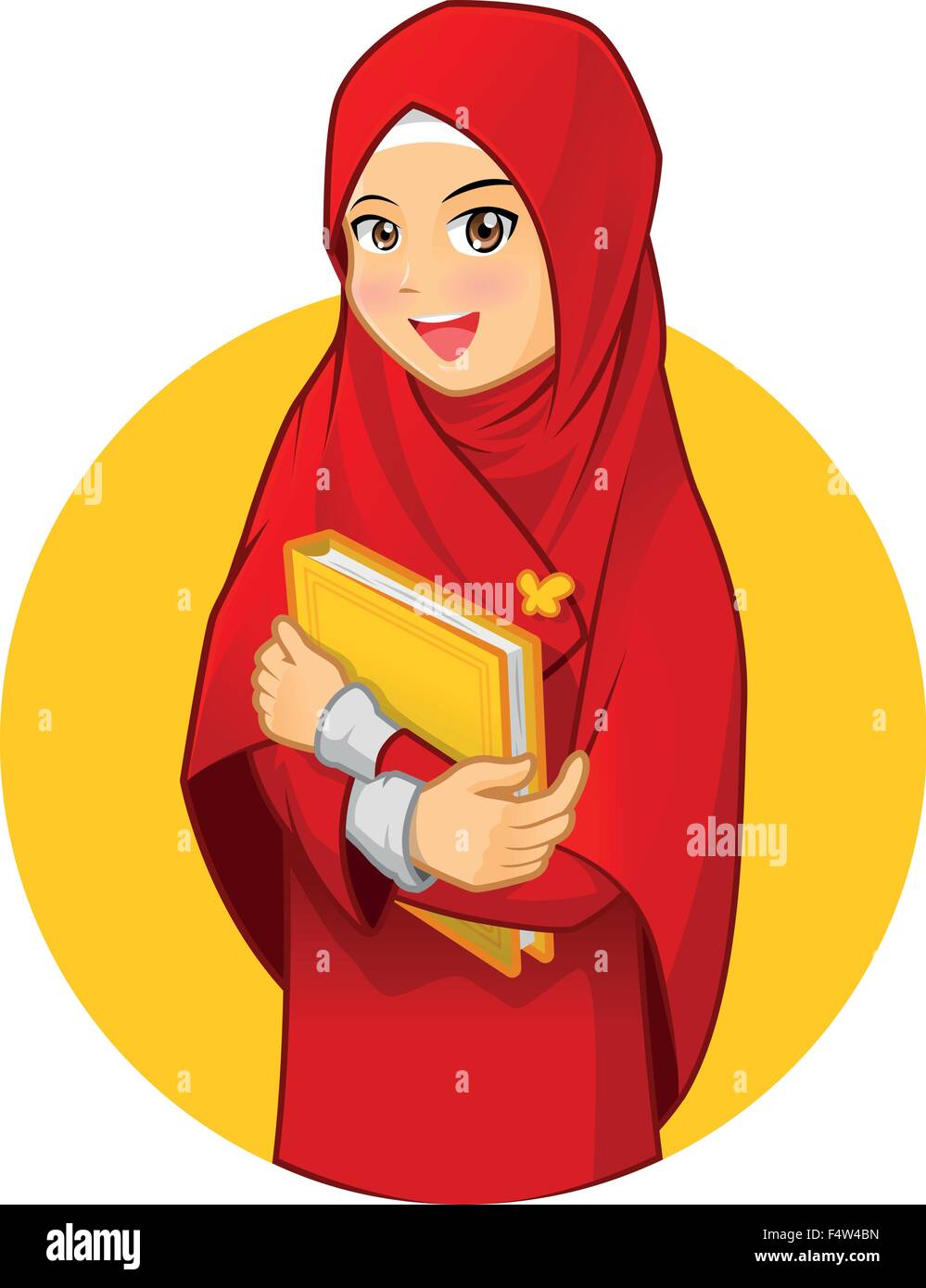 Qualitativ hochwertige Muslimin mit umarmt ein Buch tragen rote Schleier-Cartoon-Charakter-Vektor-Illustration Stock Vektor