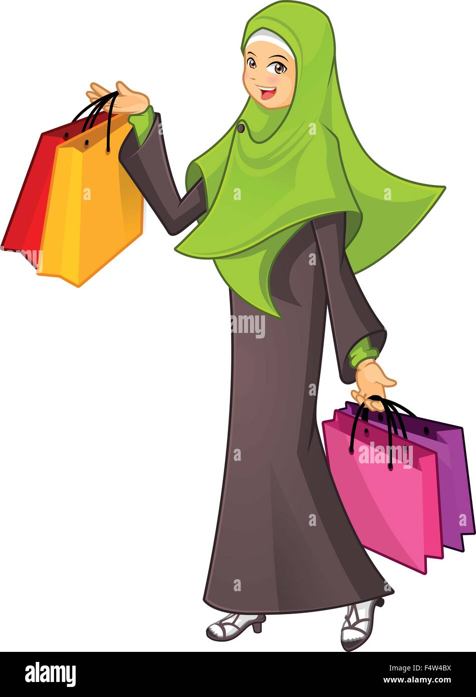Qualitativ hochwertige muslimische Frau hält eine Einkaufstasche tragen grüne Schleier-Cartoon-Charakter-Vektor-Illustration Stock Vektor