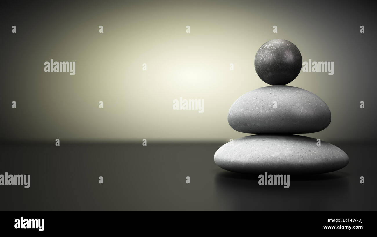 Drei Kiesel Stapel über Beige und schwarzem Hintergrund, Gleichgewicht Steinen mit Platz für Text auf der linken Seite. Konzept-Bildsymbol von stab Stockfoto