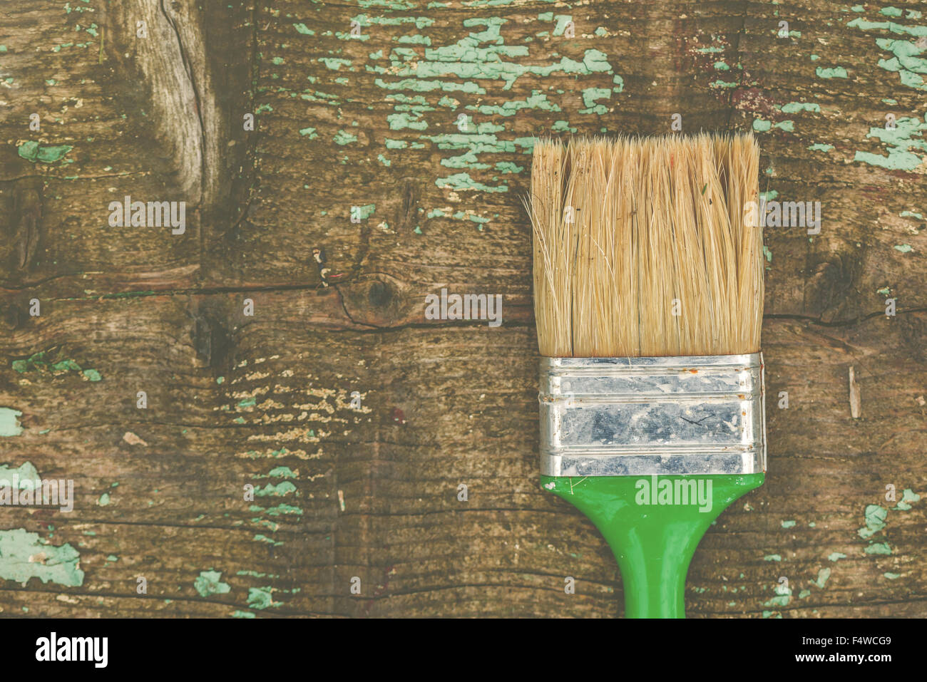 Alte gebrauchte grüne Pinsel auf rustikalem Holzbrett, Retro-getönten mit leeren Textfreiraum Stockfoto