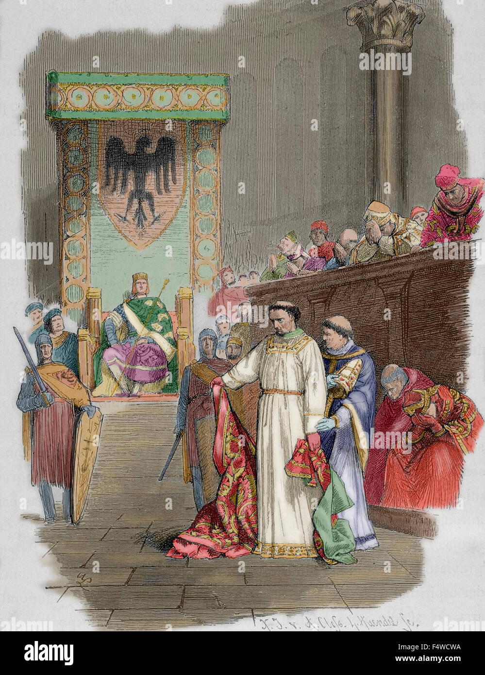 Heinrich III. (1017-1056). Die schwarze genannt. Kaiser des Heiligen Römischen Reiches. Synode von Sutri (1046). Kupferstich von A. Closs. Farbige. Stockfoto