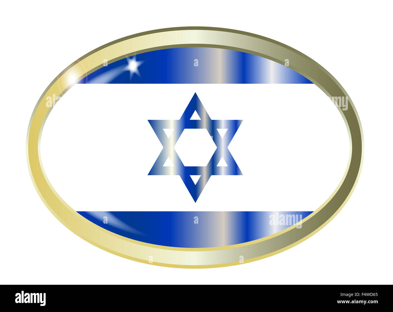 Ovale Metall-Taste mit der Israel-Flagge auf einem weißen Hintergrund isoliert Stockfoto