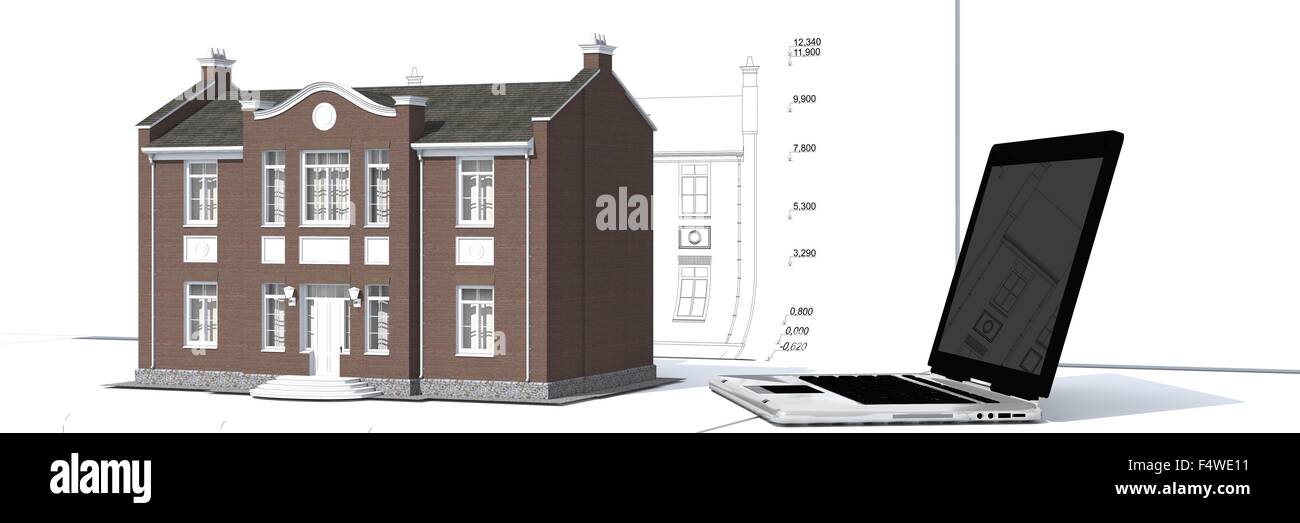 Modell des Hauses und der Laptop auf dem Tisch, isoliert auf weiss Stockfoto