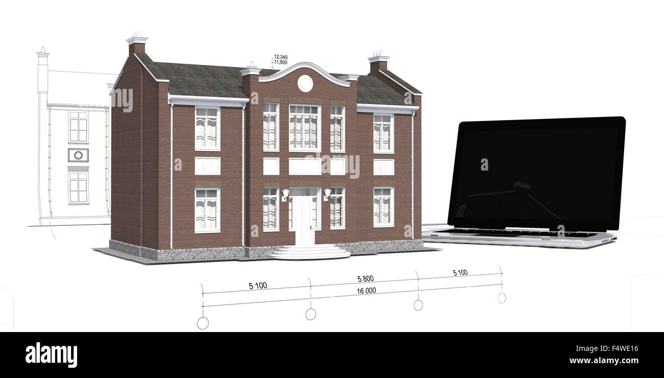 Modell des Hauses und der Laptop auf dem Tisch, isoliert auf weiss Stockfoto