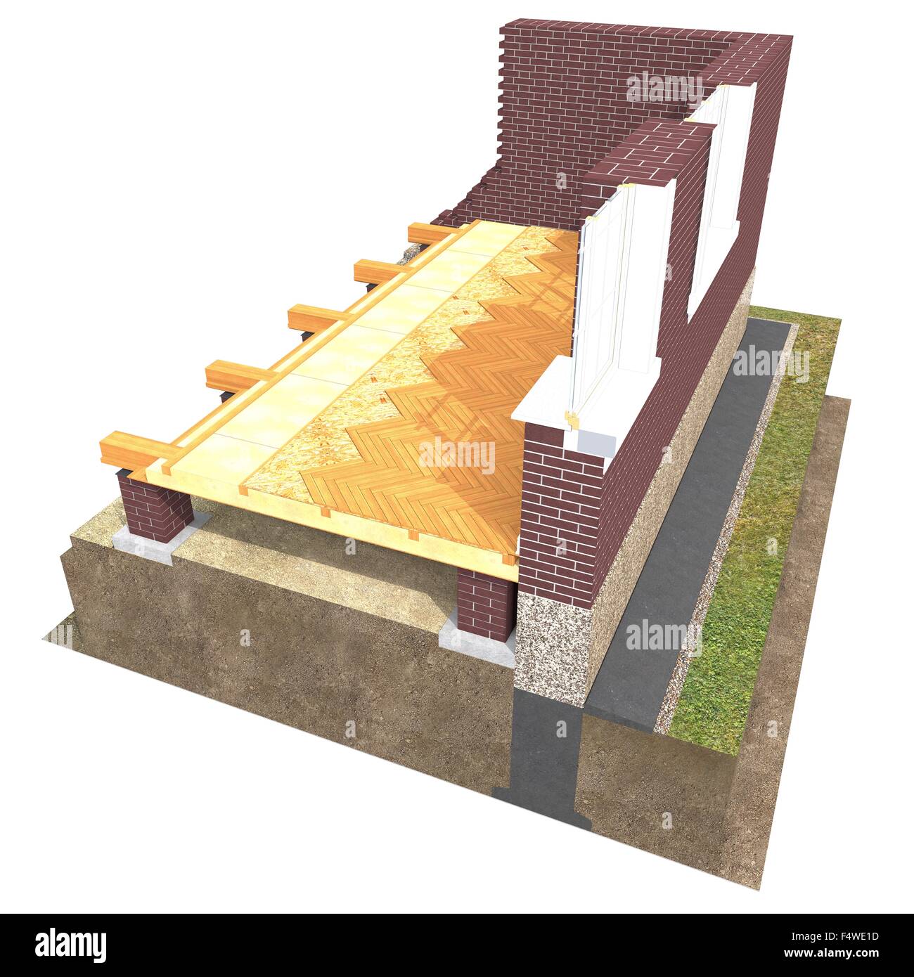 Querschnitt der Backstein-Haus. 3D Architektur-Visualisierung, isoliert auf weiss Stockfoto